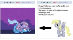 Size: 527x288 | Tagged: safe, derpibooru import, derpy hooves, trixie, pegasus, pony, derpibooru, exploitable meme, female, juxtaposition, juxtaposition win, mare