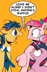 Size: 365x549 | Tagged: safe, idw, flash sentry, princess cadance, twilight sparkle, alicorn, pony, exploitable meme, meme, screaming armor, screaming sentry, waifu thief, younger