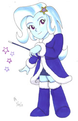 Size: 600x932 | Tagged: safe, artist:mayorlight, derpibooru import, trixie, equestria girls, boots, looking at you, magic, magic wand, simple background, smiling, solo, traditional art, winter coat