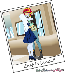 Size: 955x1070 | Tagged: safe, artist:deltalima, derpibooru import, sunset shimmer, trixie, equestria girls, best friends, building, clothes, dress, eyes closed, female, high heels, jacket, kissing, leather jacket, lesbian, pants, photo, shipping, size difference, suntrix