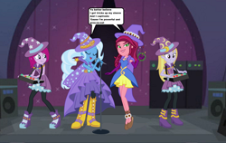 Size: 1664x1052 | Tagged: safe, artist:themexicanpunisher, derpibooru import, fuchsia blush, gloriosa daisy, lavender lace, trixie, equestria girls, rainbow rocks, cape, clothes, female, hat, smiling, smirk, tricks up my sleeve, trixie and the illusions, trixie's cape, trixie's hat