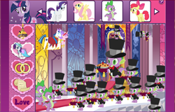 Size: 870x556 | Tagged: safe, screencap, apple bloom, fluttershy, princess cadance, rarity, shining armor, spike, twilight sparkle, alicorn, dragon, pegasus, pony, unicorn, bowtie, camera, cardboard twilight, clothes, cushion, dress, game, hat, hubworld, letter, multeity, official, pie, pointy ponies, royal wedding, stained glass, stock vector, suit, throne, throne room, wedding, wedding ring