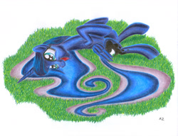 Size: 3291x2534 | Tagged: safe, artist:uminanimu, princess luna, alicorn, pony, :d, bellyrubs, colored, on back, smiling, solo, traditional art