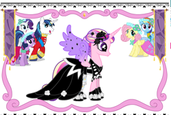 Size: 610x410 | Tagged: safe, fluttershy, princess cadance, rainbow dash, rarity, shining armor, alicorn, pegasus, pony, unicorn, a canterlot wedding, clothes, dress, game, goth