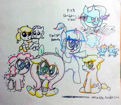 Size: 749x648 | Tagged: safe, artist:danadyu, derpibooru import, applejack, applejack (male), fluttershy, pinkie pie, rainbow dash, rarity, trixie, twilight sparkle, earth pony, pegasus, pony, unicorn, 30 minute art challenge, crying, filly, rule 63, traditional art