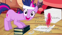 Size: 1280x720 | Tagged: safe, derpibooru import, edit, edited screencap, screencap, twilight sparkle, unicorn twilight, pony, unicorn, it's about time, bandage, book, faic, female, headband, i found pills, i found pills and ate them, letter, looking at you, magic, mare, messy mane, open mouth, pills, quill, solo, telekinesis