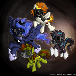 Size: 1000x1000 | Tagged: safe, artist:duo cartoonist, artist:flutterthrash, princess luna, oc, oc:candlelight, oc:magpie, oc:springsign, alicorn, pony, black sabbath, children of the night, doctor who, gas mask, heavy metal, nuclear war, the empty child