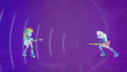 Size: 1280x720 | Tagged: safe, derpibooru import, screencap, rainbow dash, trixie, equestria girls, guitar centered, rainbow rocks, boots, electric guitar, flying v, guitar, high heel boots