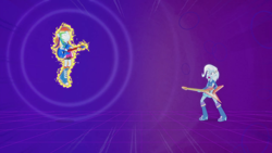 Size: 1280x720 | Tagged: safe, derpibooru import, screencap, rainbow dash, trixie, equestria girls, guitar centered, rainbow rocks, boots, electric guitar, flying v, guitar, high heel boots, transformation