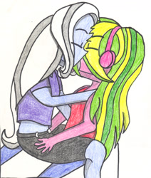 Size: 1667x1966 | Tagged: safe, artist:sapphire42, derpibooru import, lemon zest, trixie, equestria girls, female, kissing, lesbian, shipping, traditional art, zexie