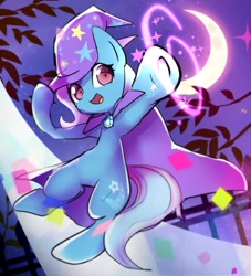 Size: 635x700 | Tagged: safe, artist:youhoujou, derpibooru import, trixie, pony, unicorn, crescent moon, female, leaves, looking at you, magic, mare, moon, night, night sky, open mouth, smiling, solo, sparkles, stars, tree, trixie's cape, trixie's hat, underhoof