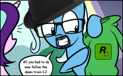 Size: 895x550 | Tagged: safe, artist:dori-to, derpibooru import, edit, starlight glimmer, trixie, pony, unicorn, big smoke, clothes, female, follow the damn train, grand theft auto, gta san andreas, mare, meme, sweater, trixie's hoodie edit