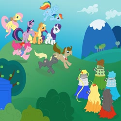 Size: 2000x2000 | Tagged: safe, artist:lioness-of-cydonia, derpibooru import, applejack, doctor whooves, fluttershy, pinkie pie, rainbow dash, rarity, twilight sparkle, earth pony, pegasus, pony, unicorn, amy pond, dalek, doctor who, high res, mane six, ponified, rory williams, sailor moon, tardis, the master, wat, what has science done