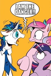 Size: 365x549 | Tagged: safe, princess cadance, shining armor, twilight sparkle, alicorn, pony, unicorn, spoiler:comic, breaking bad, dialogue, exploitable meme, female, filly, floppy ears, looking at each other, meme, necktie, open mouth, orange background, raised hoof, screaming armor, shrunken pupils, simple background, walter white, younger