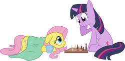 Size: 7240x3548 | Tagged: safe, artist:elegantmisreader, derpibooru import, fluttershy, twilight sparkle, pegasus, pony, blanket, chess, chessboard, cute, tea