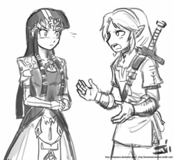 Size: 800x733 | Tagged: safe, artist:johnjoseco, derpibooru import, twilight sparkle, human, crossover, grayscale, humanized, link, monochrome, princess zelda, the legend of zelda, the legend of zelda: twilight princess, twizelda