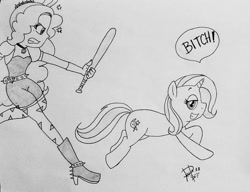 Size: 773x593 | Tagged: safe, artist:suicidemachine363, derpibooru import, adagio dazzle, trixie, pony, equestria girls, angry, baseball bat, cross-popping veins, dialogue, duo, grayscale, grin, gritted teeth, lidded eyes, monochrome, running, smiling, smug, traditional art, vulgar