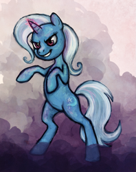 Size: 869x1098 | Tagged: dead source, safe, artist:fjording, derpibooru import, trixie, pony, unicorn, female, glowing horn, horn, mare, rearing, solo