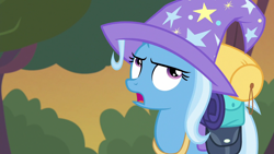 Size: 1280x720 | Tagged: safe, derpibooru import, screencap, trixie, pony, to where and back again, eyeroll, lidded eyes, open mouth, solo, trixie's hat