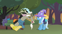 Size: 1280x720 | Tagged: safe, derpibooru import, screencap, discord, trixie, pony, unicorn, to where and back again, annoyed, crossed arms, duo, female, lidded eyes, looking at each other, mare, open mouth, spread wings, trixie's hat