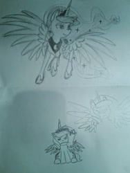 Size: 667x889 | Tagged: safe, artist:breadcipher, princess luna, alicorn, pony, blushing, cute, eyes closed, filly, lunadoodle, monochrome, no, pencil drawing, photo, raised hoof, s1 luna, sitting, sketch, smiling, solo, spread wings, traditional art, woona