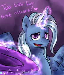 Size: 827x965 | Tagged: safe, artist:not-ordinary-pony, derpibooru import, trixie, alicorn, pony, alicornified, begging, curved horn, dialogue, heart, levitation, looking at you, magic, open mouth, race swap, solo, spread wings, telekinesis, trixie's hat, trixiecorn