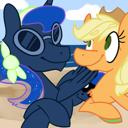 Size: 1000x1000 | Tagged: safe, artist:rivalcat, applejack, princess luna, alicorn, earth pony, pony, appleluna, beach, female, lesbian, lunajack, shipping