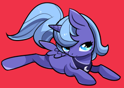 Size: 600x428 | Tagged: safe, artist:awbt, princess luna, alicorn, pony, female, filly, pixiv, prone, red background, s1 luna, simple background, solo, wings