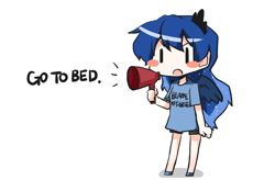 Size: 912x597 | Tagged: safe, artist:gyaheung, princess luna, human, spoiler:comic, blame my sister, blush sticker, blushing, chibi, go to bed, humanized, megaphone, solo