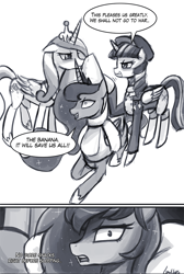 Size: 774x1151 | Tagged: safe, artist:lumineko, princess cadance, princess luna, twilight sparkle, twilight sparkle (alicorn), alicorn, pony, ask, banana suit, clothes, costume, dream, dreamluna, female, i can't believe it's not johnjoseco, infidelity, lesbian, lundance, mare, monochrome, shipping, tumblr, twiluna