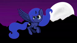 Size: 3000x1687 | Tagged: safe, artist:springveil, princess luna, alicorn, pony, flying, moon, smiling, solo