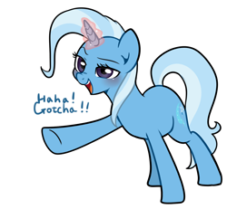 Size: 1296x1200 | Tagged: safe, artist:haden-2375, derpibooru import, trixie, pony, unicorn, blushing, dialogue, female, glowing horn, lidded eyes, magic, mare, open mouth, pointing, simple background, smiling, solo, white background