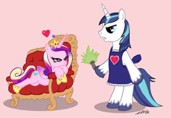 Size: 464x322 | Tagged: safe, artist:henbe, princess cadance, shining armor, alicorn, pony, unicorn, apron, clothes