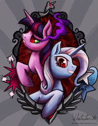 Size: 943x1200 | Tagged: safe, artist:whitestar1802, derpibooru import, trixie, twilight sparkle, dark magic, sombra eyes