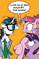 Size: 365x549 | Tagged: safe, edit, idw, princess cadance, shining armor, twilight sparkle, alicorn, pony, unicorn, spoiler:comic, chris farley, down by the river, exploitable meme, filly, glasses, matt foley, meme, saturday night live, screaming armor, snl, younger