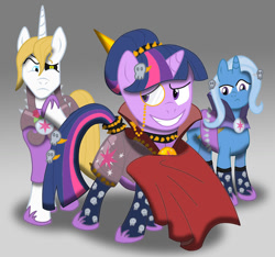 Size: 919x859 | Tagged: safe, artist:scyphi, derpibooru import, prince blueblood, trixie, twilight sparkle, alternate universe, eyepatch, fanfic, monocle