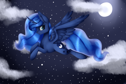 Size: 1280x853 | Tagged: safe, artist:vidzhaystis, princess luna, alicorn, pony, cloud, cloudy, flying, moon, night, solo