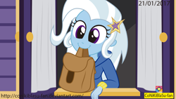 Size: 1771x996 | Tagged: safe, artist:conikiblasu-fan, derpibooru import, trixie, equestria girls, to saddlebags and back again, to where and back again, bag, clothes, cute, diatrixes, equestria girls interpretation, equestria girls-ified, female, hoodie, humans doing horse things, mouth hold, saddle bag, scene interpretation, silly human, solo, trixie's wagon