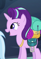 Size: 315x450 | Tagged: safe, derpibooru import, screencap, starlight glimmer, trixie, pony, unicorn, to where and back again, bag, cropped, cute, female, glimmerbetes, mare, open mouth, smiling, solo focus