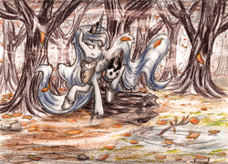 Size: 3400x2452 | Tagged: safe, artist:crestfallencelestia, princess luna, alicorn, pony, autumn, forest, leaves, solo, traditional art