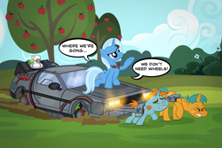 Size: 1200x802 | Tagged: safe, artist:pixelkitties, derpibooru import, snails, snips, trixie, pony, unicorn, alicorn amulet, back to the future, car, colt, delorean, female, male, mare, parody, slave, slavery, that pony sure does hate wheels, wheel