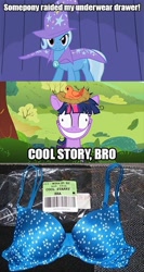 Size: 400x750 | Tagged: safe, derpibooru import, trixie, twilight sparkle, bra, clothes, cool starry bra, cool story bro, image macro, photo, starry underwear, underwear