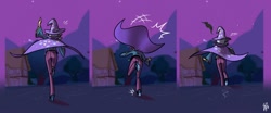 Size: 1280x533 | Tagged: safe, artist:glancojusticar, derpibooru import, trixie, human, magic duel, boots, cape, clothes, comic, hat, high heels, humanized, scene interpretation, shoes, solo, tripsie, trixie's cape, trixie's hat