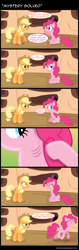Size: 820x2600 | Tagged: safe, artist:ohitison, derpibooru import, applejack, pinkie pie, trixie, earth pony, pony, magic duel, alicorn amulet, breathing, comic, ears, futurama, gills, no mouth, no nose, reference, sarcasm