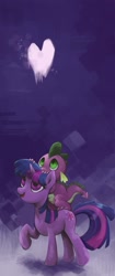 Size: 802x1911 | Tagged: safe, artist:snufflin, derpibooru import, spike, twilight sparkle, dragon, duo, heart, riding