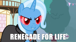 Size: 849x466 | Tagged: safe, derpibooru import, trixie, magic duel, dragonball z abridged, glowing eyes, image macro, mass effect, meme, renegade, trixie yells at everything