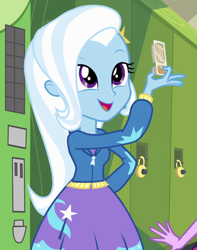 Size: 688x872 | Tagged: safe, derpibooru import, screencap, trixie, twilight sparkle, equestria girls, canterlot high, crackers, cropped, cute, diatrixes, food, hallway, lockers, offscreen character, peanut butter, peanut butter crackers, solo focus, that human sure does love peanut butter crackers, vending machine