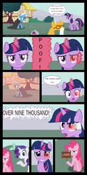 Size: 4982x10000 | Tagged: safe, artist:hatbulbproductions, derpibooru import, lyra heartstrings, pinkie pie, rarity, snails, snips, trixie, twilight sparkle, unicorn twilight, earth pony, pony, unicorn, absurd resolution, age progression, age regression, age spell, baby, baby pony, comic, dragon ball, dragon ball z, elderly, foal, glasses, lame, looney tunes, no mouth, no nose, over 9000, scouter, talking with signs, the fairly oddparents, vegeta, wile e coyote
