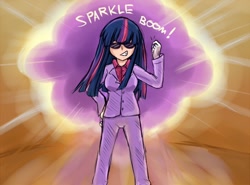 Size: 650x481 | Tagged: safe, artist:keterok, derpibooru import, twilight sparkle, clothes, explosion, humanized, solo, suit, sunglasses