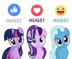 Size: 480x396 | Tagged: source needed, useless source url, safe, derpibooru import, starlight glimmer, trixie, twilight sparkle, pony, unicorn, bronybait, counterparts, emoji, facebook, facebook reactions, female, hug request, looking at you, mare, simple background, smiling, twilight's counterparts, white background, 👍